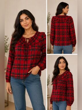 J. Crew Red Plaid Ruffle Tie-Front Blouse